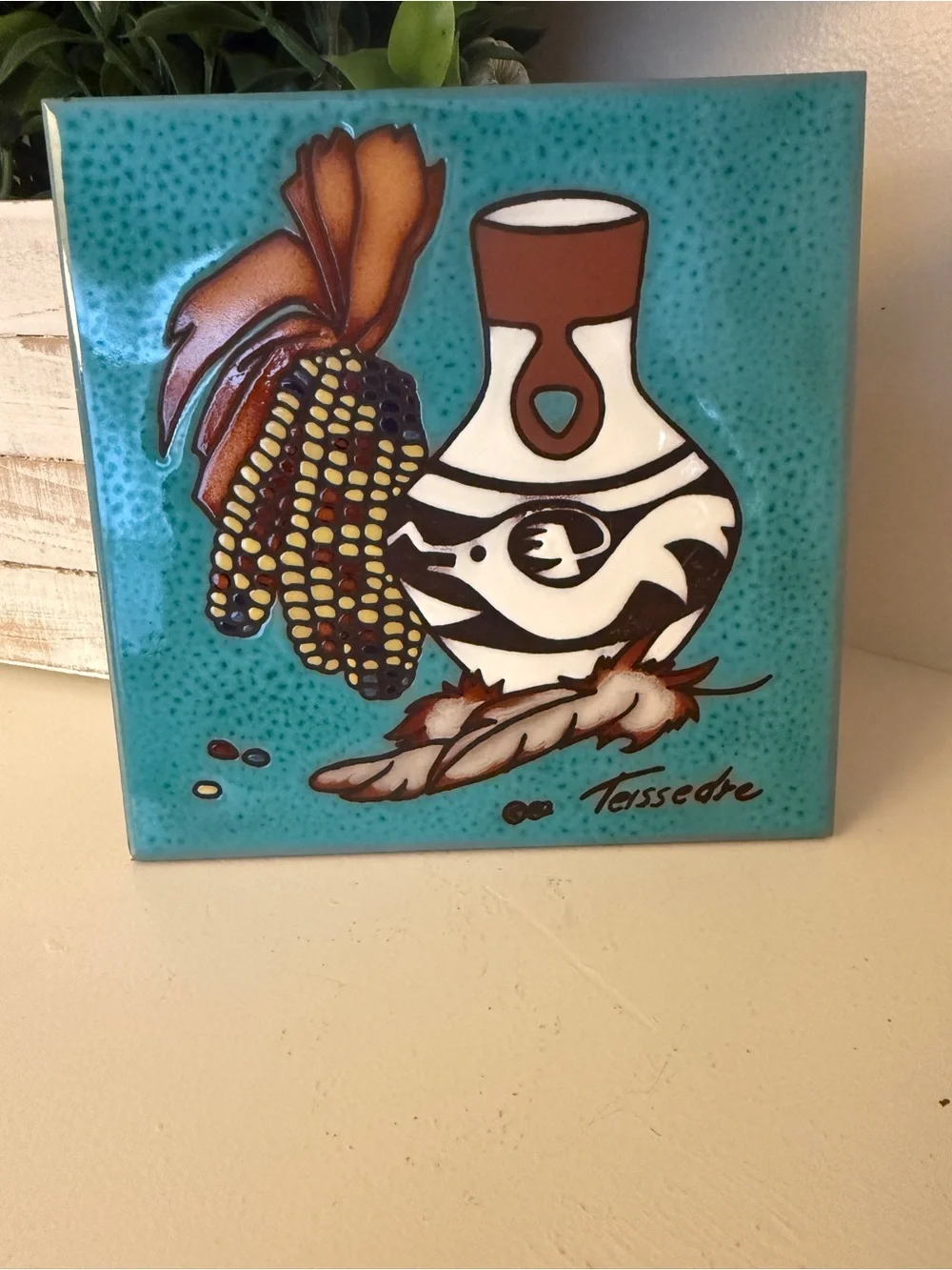 Vintage Cleo Teissedre Southwestern Ceramic Art Tile Trivet Wall Decor 6”